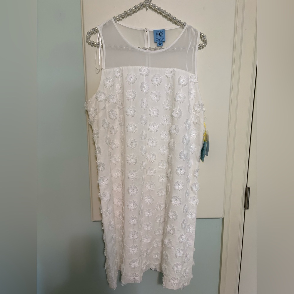 CeCe White Eyelet Midi Dress with Sheer Yoke